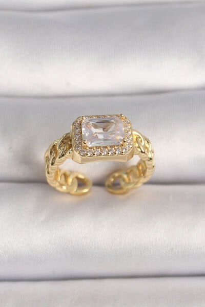 Pirinç Gold Renk Zincir Model Kare Zirkon Taşlı Kadın Yüzük