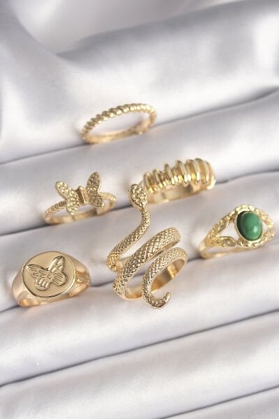 Pirinç Gold Renk İşlemeli Yılan Model Kelebek Detay 6'Lı Kadın Yüzük Seti