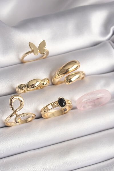 Pirinç Gold Renk Kelebek Figür Sarmal Model 6'Lı Kadın Yüzük Seti