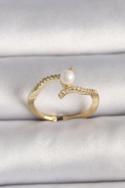 Pirinç Gold Renk Zirkon Taşlı İncili Ayarlanabilir Yüzük