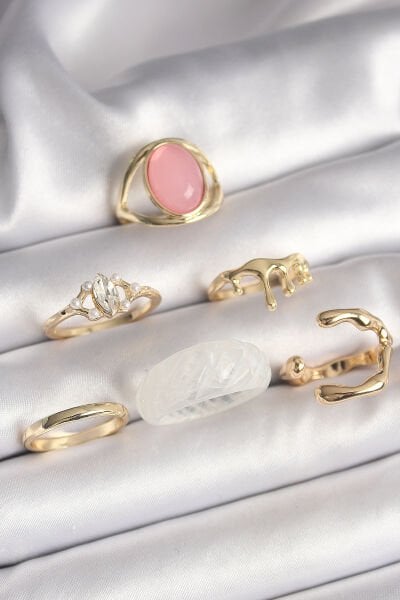 Pirinç Gold Renk Zirkon Taş Detaylı Pembe Mineli 6'Lı Kadın Yüzük Seti