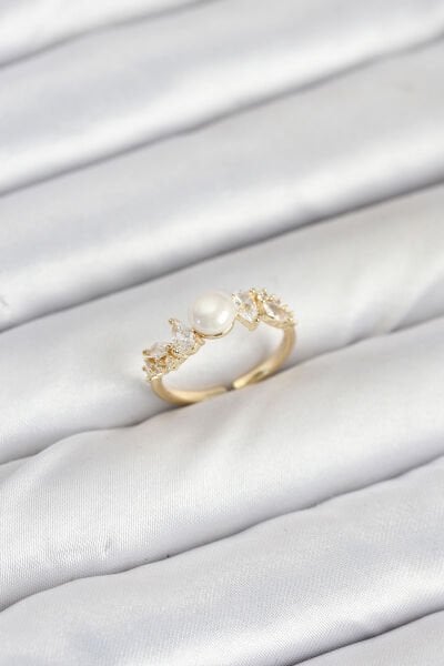 Pirinç Gold Renk Zirkon Taşlı İncili Model Kadın Yüzük