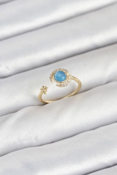 Pirinç Gold Renk Zirkon Taşlı Ay Yıldız Kadın Yüzük