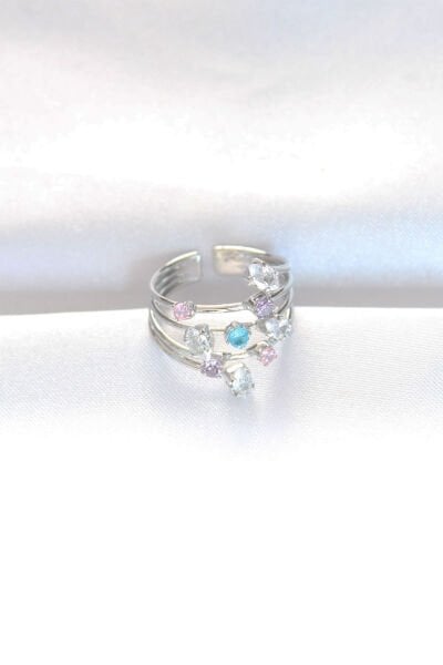 Renkli Zirkon Taşlı Silver Renk Ayarlanabilir Yüzük