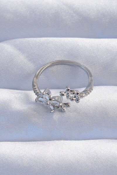 Pirinç Gümüş Renk Zirkon Taşlı Çiçek Model Ayarlanabilir Yüzük