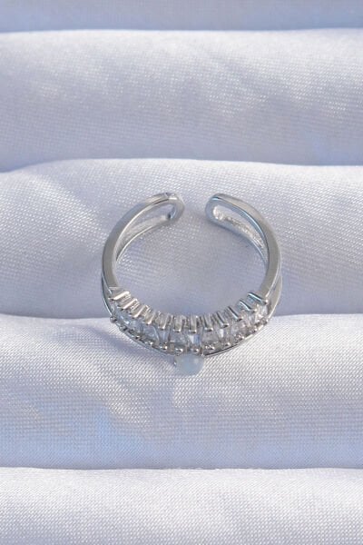 Pirinç Gümüş Renk Sedefli Zirkon Taşlı Su Yolu Model 2li Görünüm Ayarlanabilir Yüzük